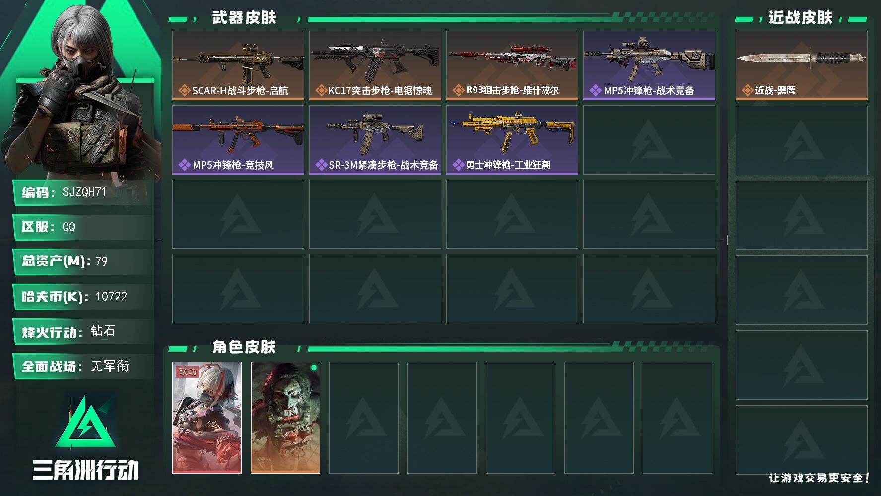 三角洲行动账号QQ【SJZQH71】总资产(M)：79M/哈夫币(K)：10722K/哈夫币(K)：10722K/全面