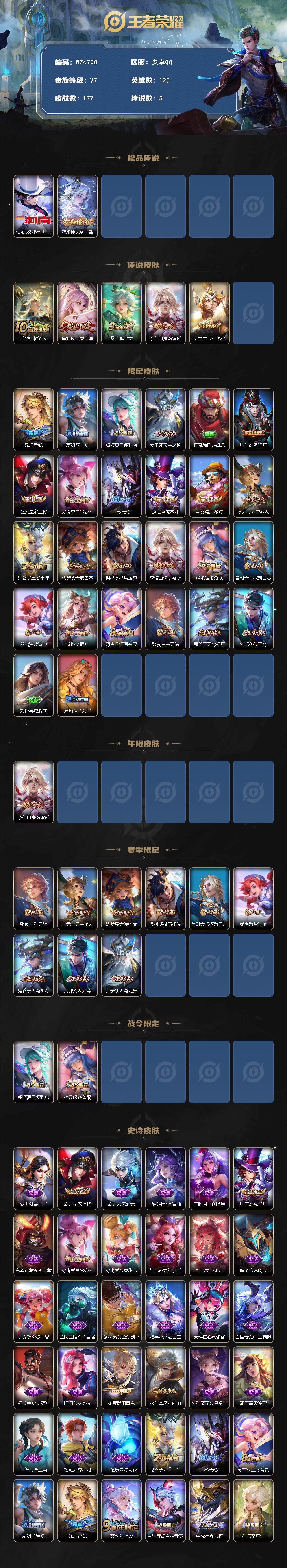 王者荣耀账号安卓QQ安卓Q-V7-最强王者段位-125英雄-177皮肤-2珍品传说-5传说-46史诗
【英雄全皮】：孙权全皮，空空儿全皮，影全皮
【珍品传说】：马可波罗怪盗基德，嫦娥器灵落星盏
【传说皮肤】：后羿神树通