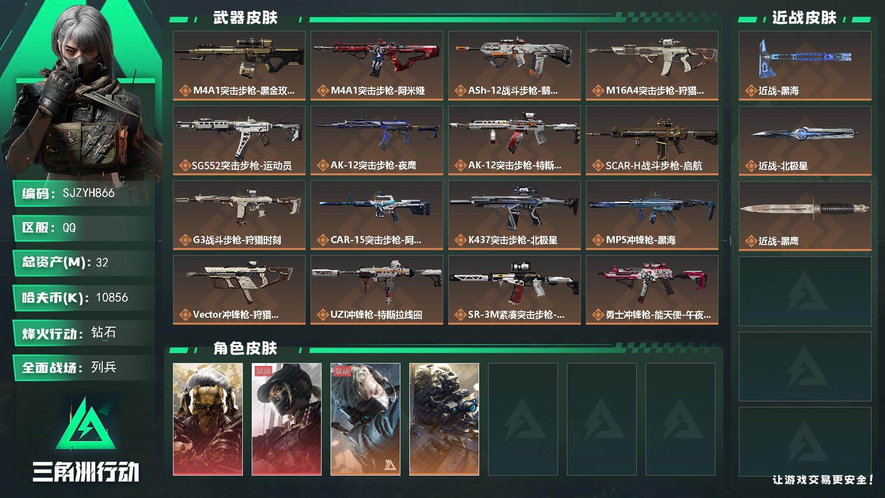 三角洲行动账号QQ【SJZYH866】总资产(M)：32M/哈夫币(K)：10856K/哈夫币(K)：10856K/全面战场等级：15_段位：列兵/烽火地带等级：60_段位：钻石/红狼-蚀金玫瑰/露娜-黑·天际线/蜂