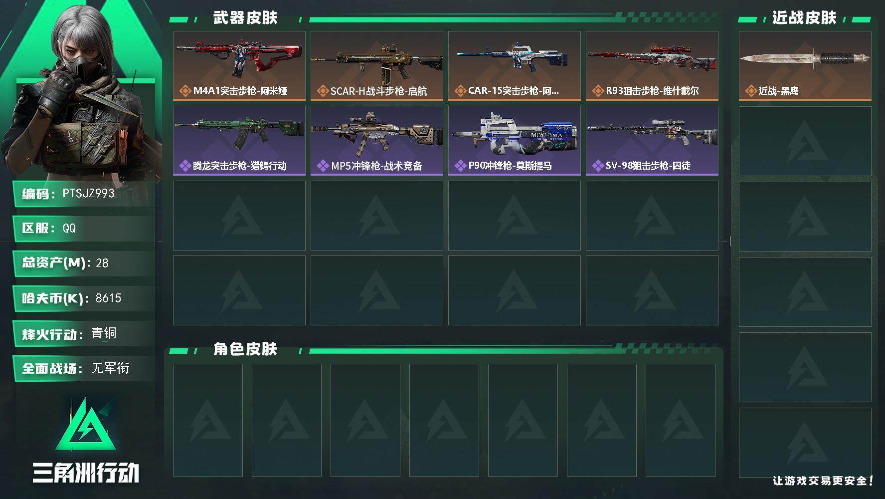 三角洲行动账号QQ【PTSJZ993】【特价处理】8615k哈伏币-25m流动资产-29烽火等级-青铜-1战场等级-无