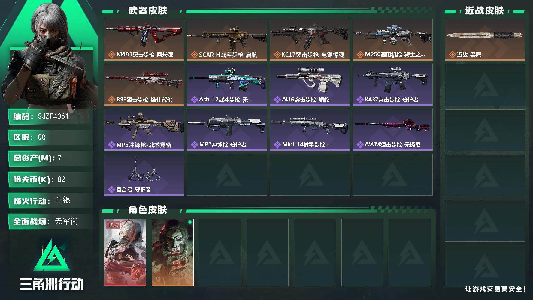三角洲行动账号QQ【SJZF4361】总资产(M)：7M/哈夫币(K)：82K/哈夫币(K)：82K/全面战场等级：5_段位：无段位/烽火地带等级：60_段位：白银/骇爪-维什戴尔/红狼-电锯惊魂/近战-黑鹰/M4A