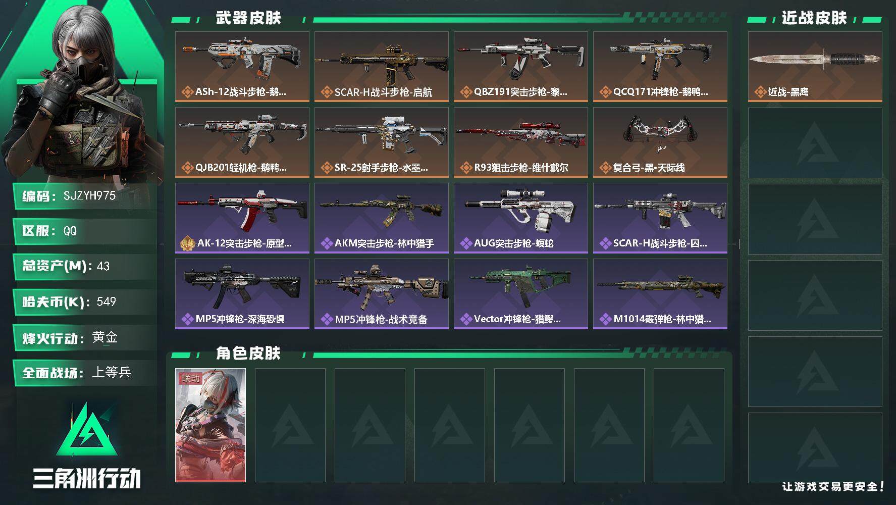三角洲行动账号QQ【SJZYH975】总资产(M)：43M/哈夫币(K)：549K/哈夫币(K)：549K/全面战场等