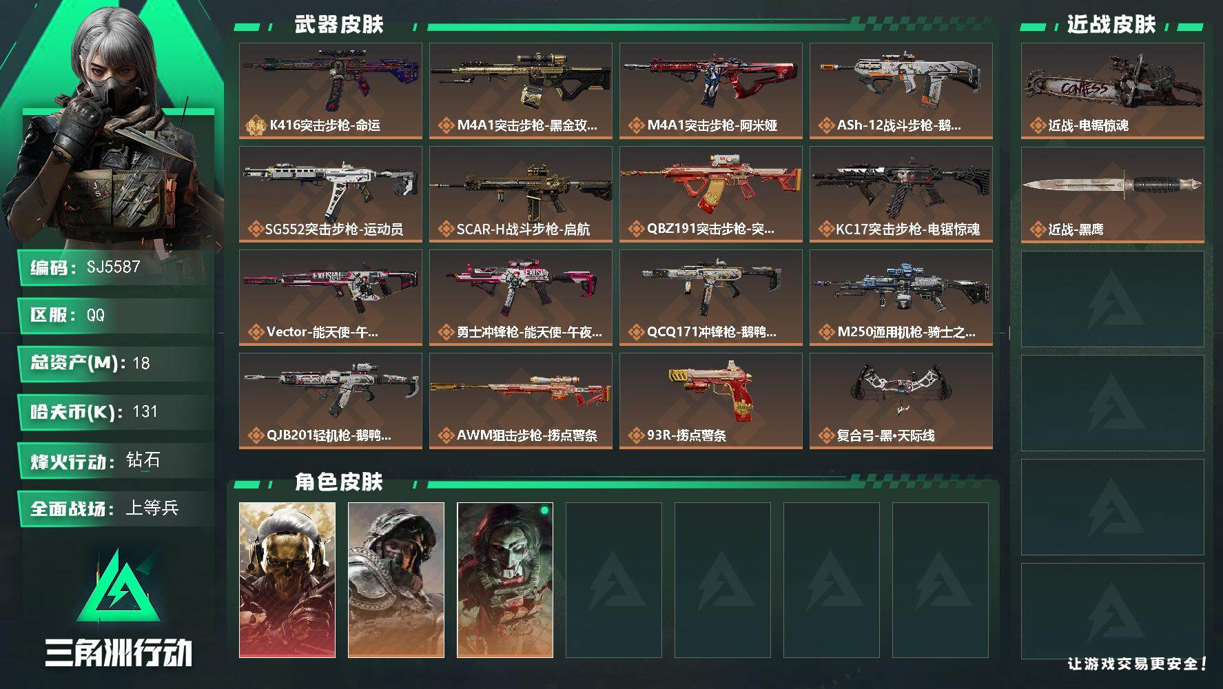 三角洲行动账号QQ【SJ5587】总资产(M)：18M/哈夫币(K)：131K/哈夫币(K)：131K/传说枪皮数：1