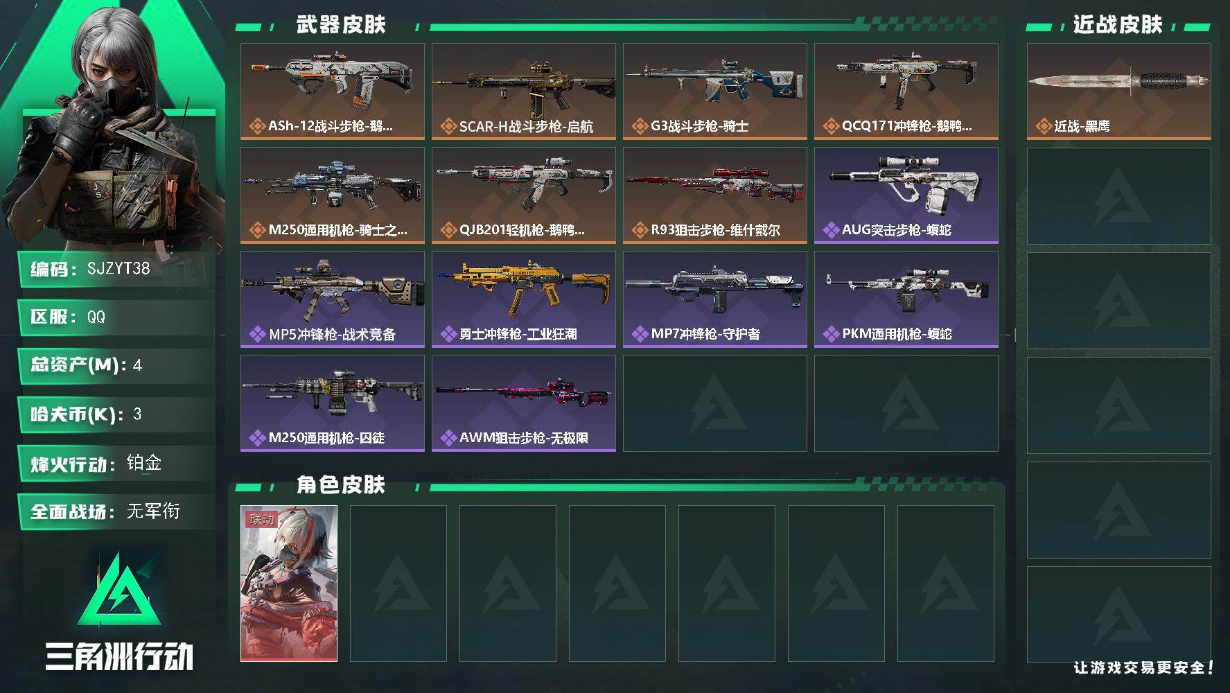 三角洲行动账号QQ【SJZYT38】总资产(M)：4M/哈夫币(K)：3K/哈夫币(K)：3K/全面战场等级：1_段位：无段位/烽火地带等级：39_段位：铂金/骇爪-维什戴尔/近战-黑鹰/ASh-12战斗步枪-鹅鸭杀