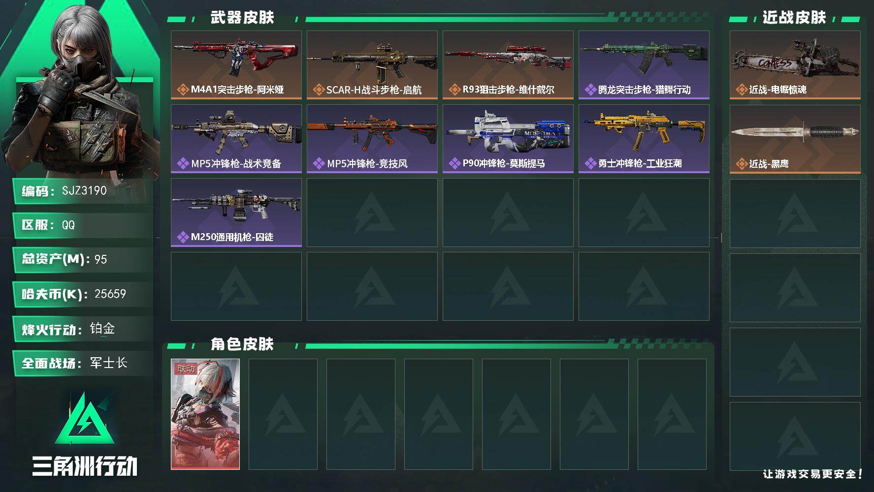 三角洲行动账号QQ【SJZ3190】总资产(M)：95M/哈夫币(K)：25659K/哈夫币(K)：25659K/全面战场等级：24_段位：军士长/烽火地带等级：60_段位：铂金/骇爪-维什戴尔/近战-电锯惊魂/近战