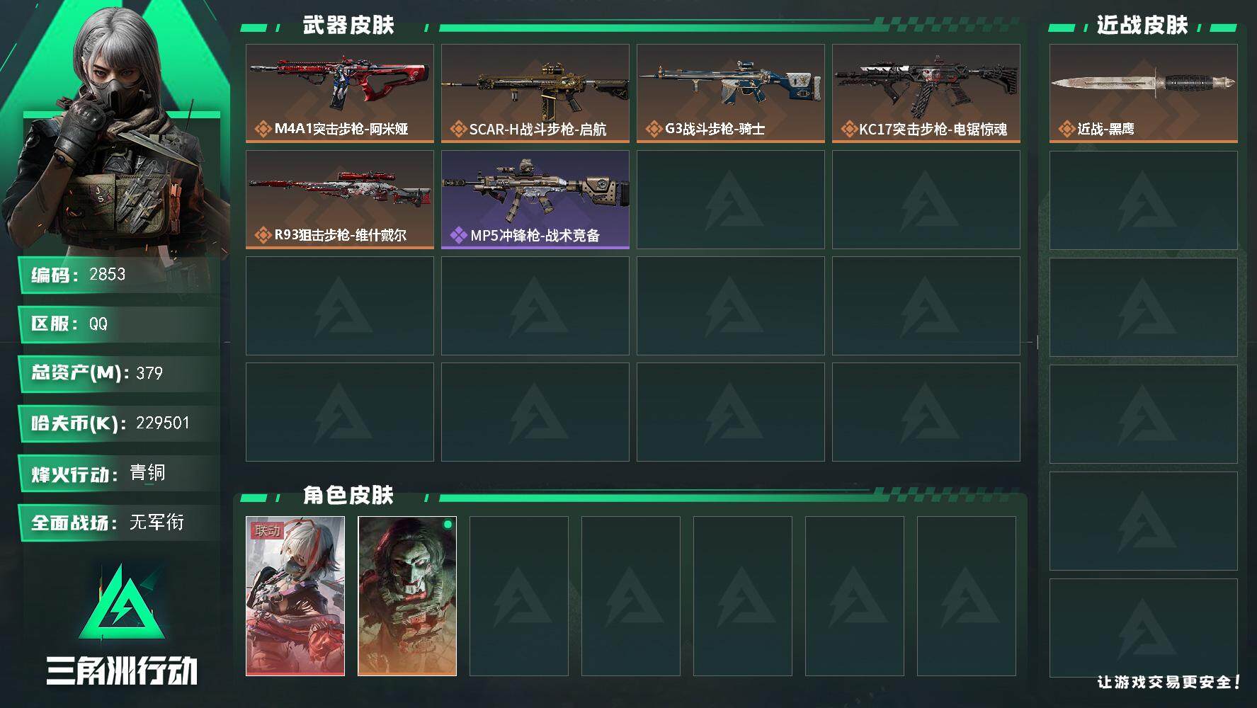 三角洲行动账号QQ总资产(M)：379M/哈夫币(K)：K/哈夫币(K)：K/全面战场等级：1_段位：无段位/烽火地带