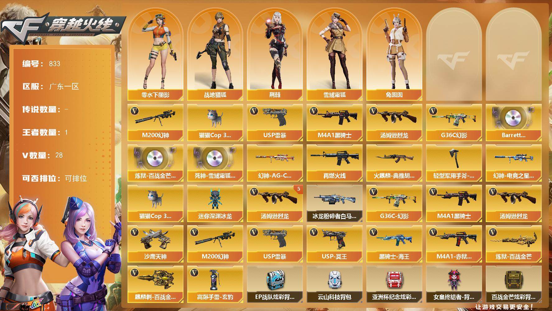 穿越火线账号南部战区广东一区[14392580]广东一区-28V-1王者-0炫金
【热门武器】：G36C-幻影，M200-幻神，M4A1-黑骑士，汤姆逊-烈龙*5，猫猫Cop 357，USP-雷暴
【音效卡】：Barrett-碧