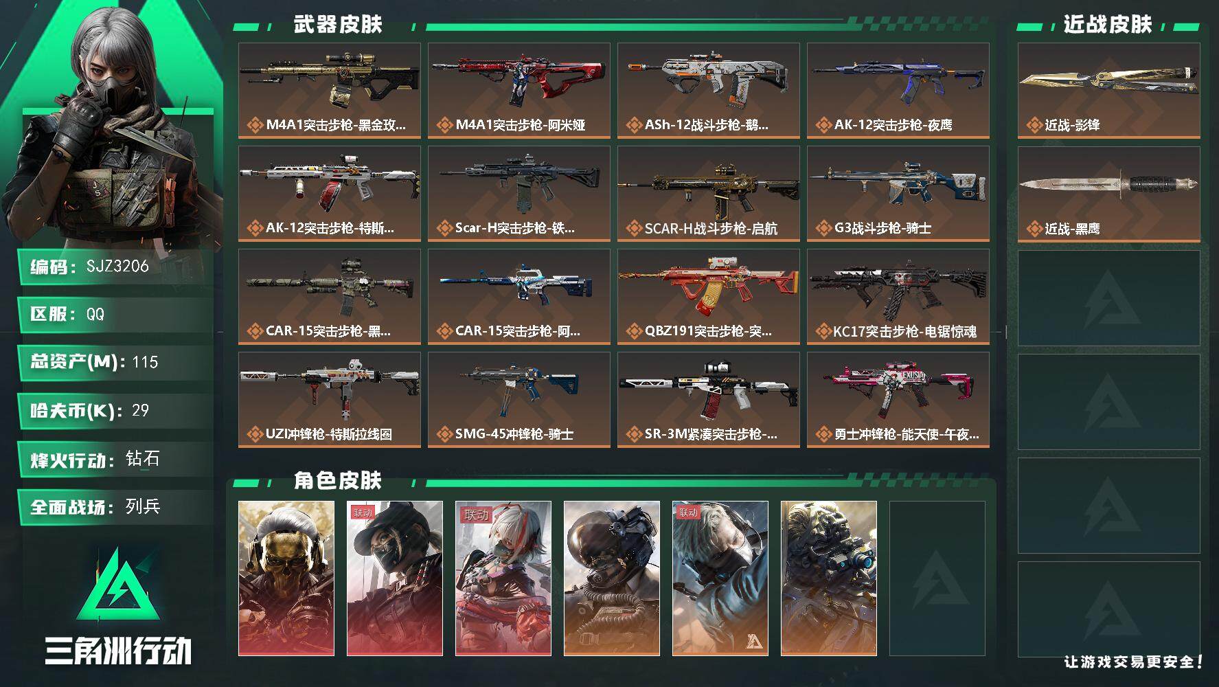 三角洲行动账号QQ【SJZ3206】总资产(M)：115M/哈夫币(K)：29K/哈夫币(K)：29K/全面战场等级：