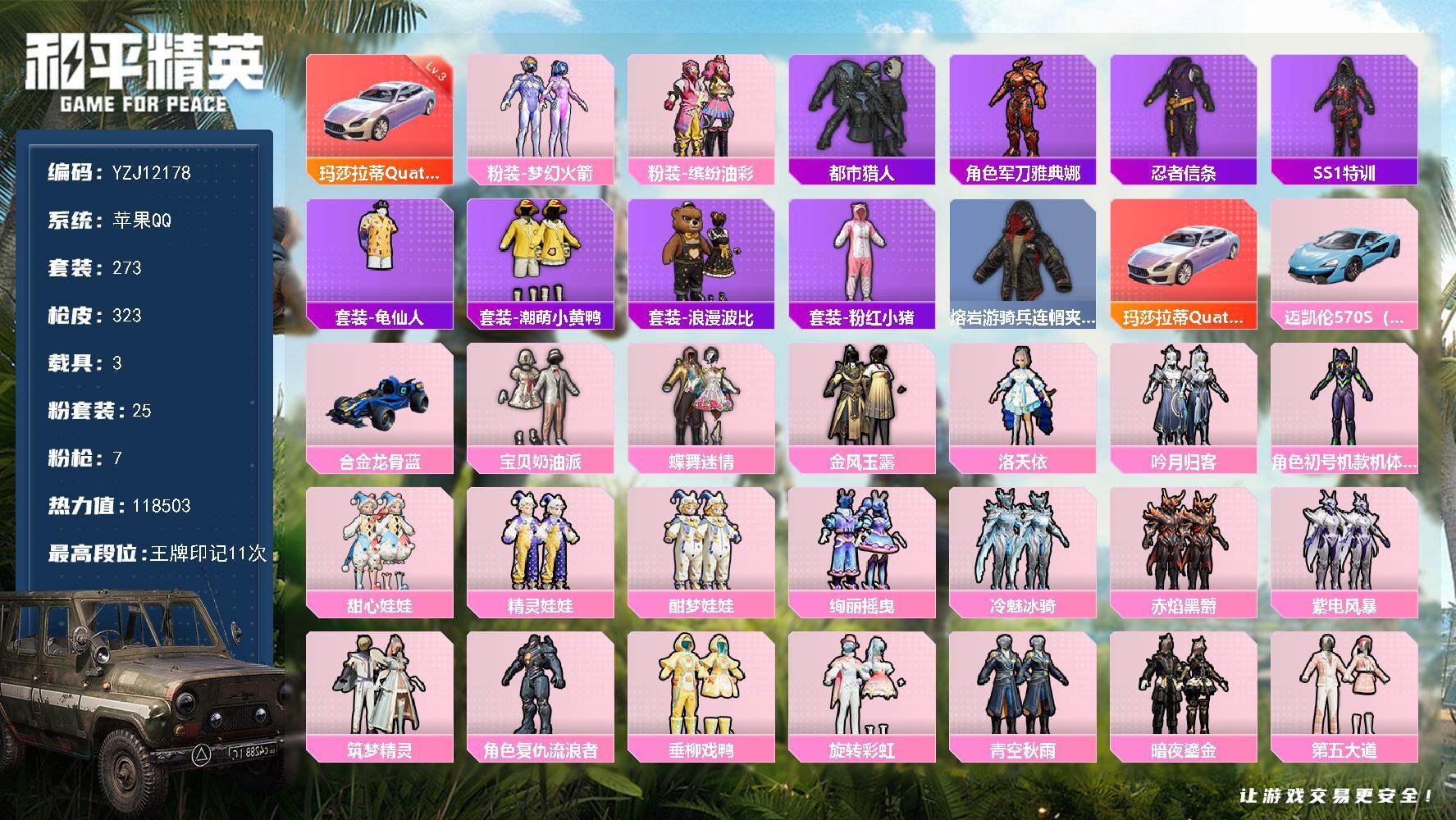 和平精英账号苹果QQYZJ12178 可二次 苹果Q-2稀有3载具25粉装7特效枪30热门 极品身法女号 玛莎3级 s1