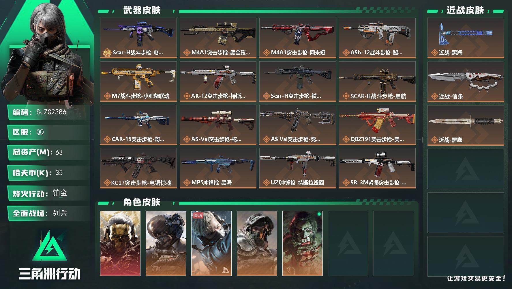 三角洲行动账号QQ【SJZG2386】总资产(M)：63M/哈夫币(K)：35K/哈夫币(K)：35K/全面战场等级：
