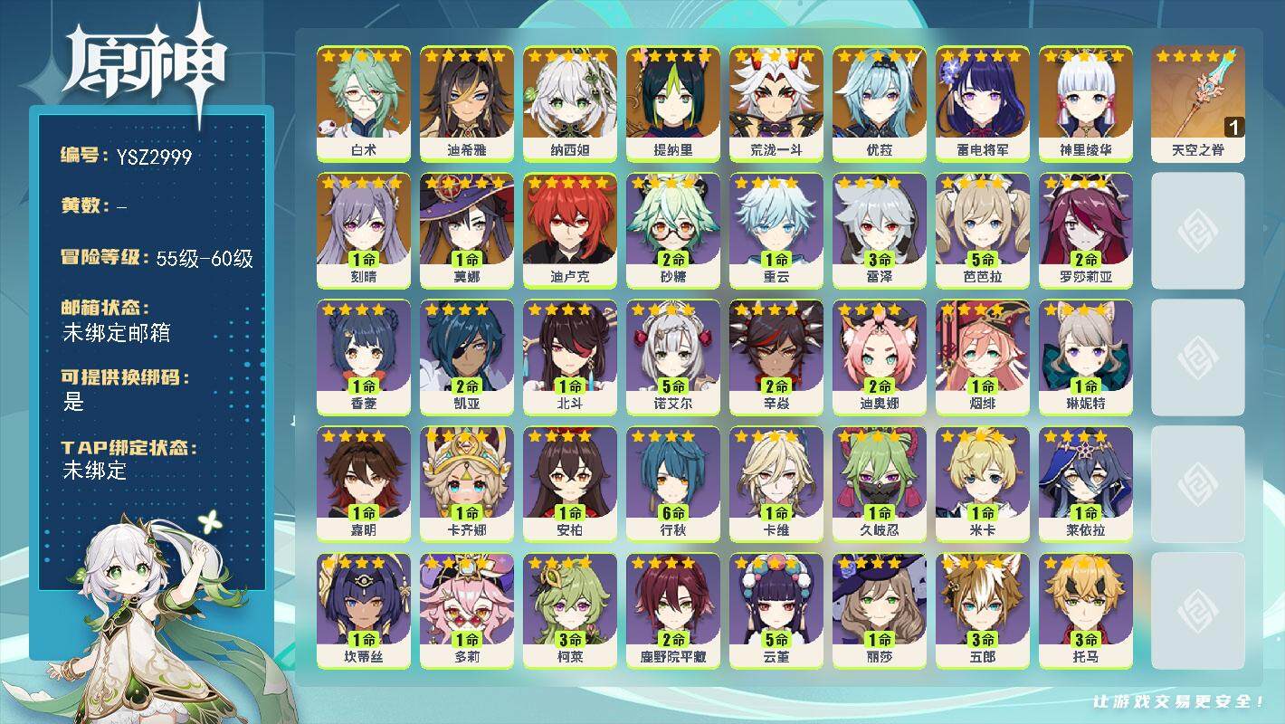 原神账号官服 天空岛【YSZ2999】56级/女主/13个五星角色/0命白术/0命迪希雅/0命纳西妲/0命提纳里/0命荒泷一斗/0命雷电将军/0命神里绫华/0命优菈/1命刻晴/0命迪卢克/1命莫娜/精1天空之脊/0命卡