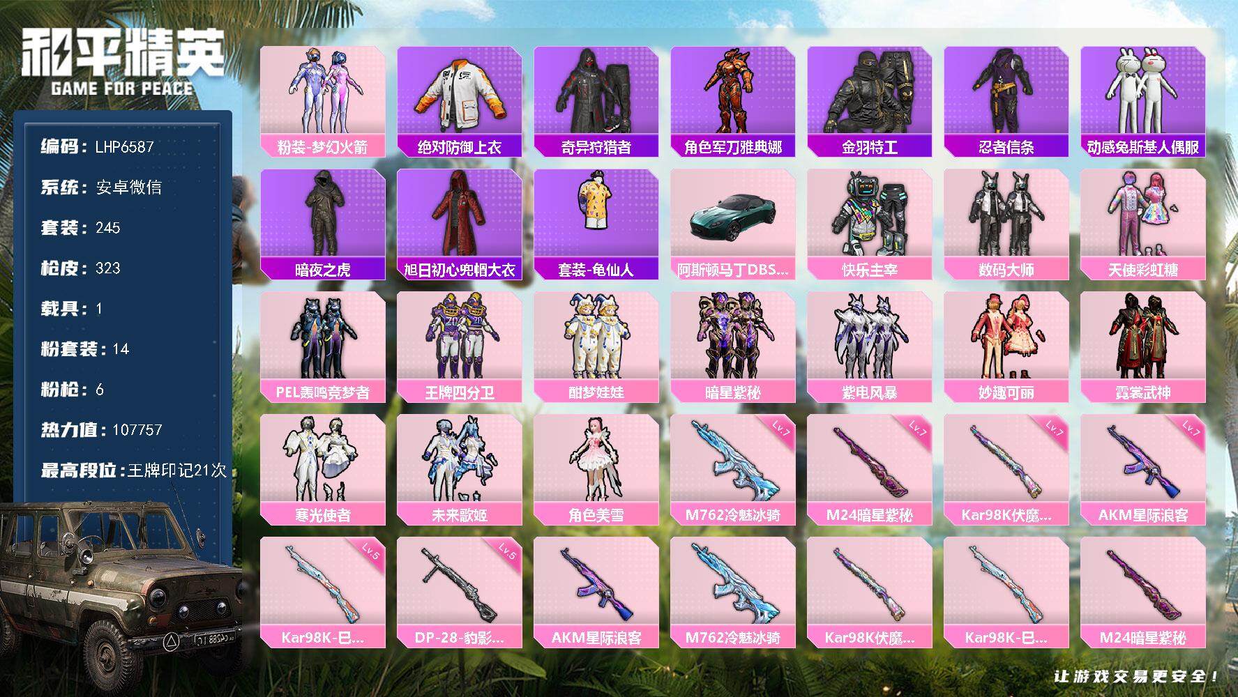 和平精英账号安卓微信素材身法号/绝世印记1 安卓 微信-14粉装-6特效枪-1载具-6粉色飞行器-10.7w热力值-21王牌印记-245套装-323枪皮【热门品类】：粉装-梦幻火箭，绝对防御上衣，套装-奇异狩猎者，角色