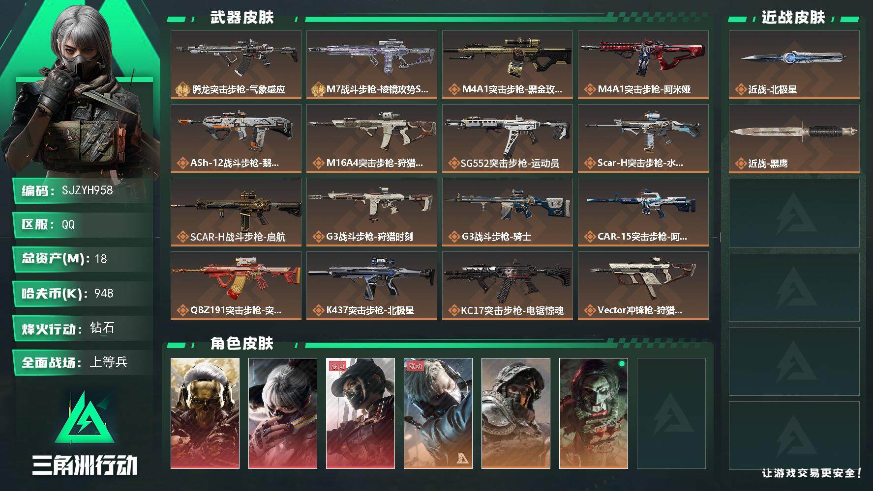 三角洲行动账号QQ【SJZYH958】总资产(M)：18M/哈夫币(K)：948K/哈夫币(K)：948K/全面战场等