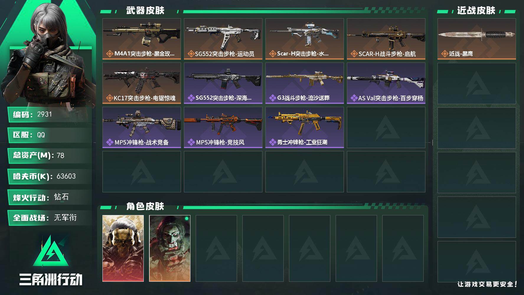 三角洲行动账号QQ总资产(M)：78M/哈夫币(K)：63603K/哈夫币(K)：63603K/全面战场等级：1_段位