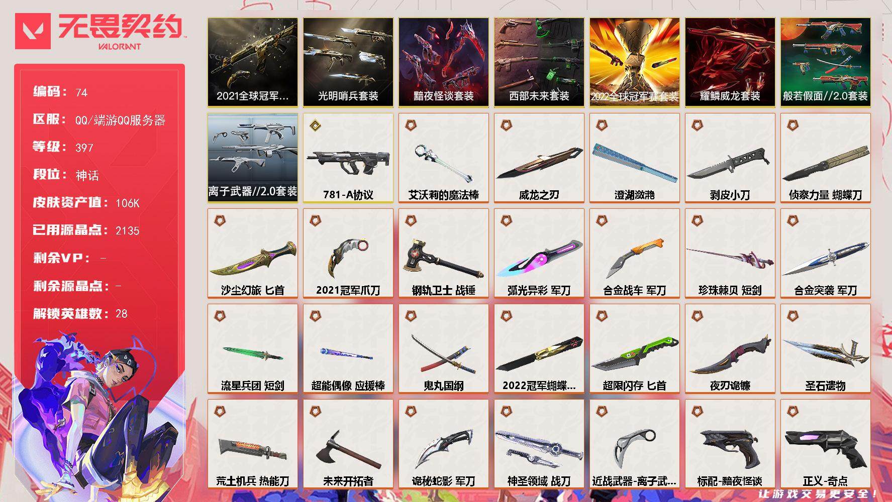 无畏契约账号QQ【LX52946】【28英雄222皮肤】【47传奇武器1终极23卓越】 
【套装】：2022全球冠军赛套装，2021全球冠军赛套装，西部未来套装，光明哨兵套装，黯夜怪谈套装，般若假面//2.0套装，