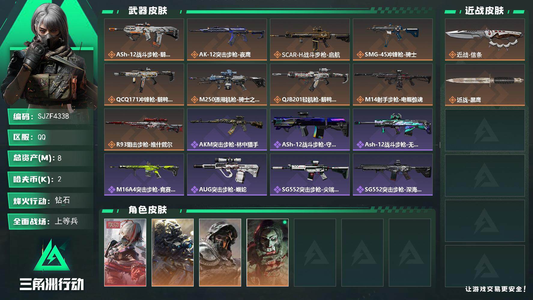 三角洲行动账号QQ【SJZF4338】总资产(M)：8M/哈夫币(K)：2K/哈夫币(K)：2K/传说枪皮数：9/全面