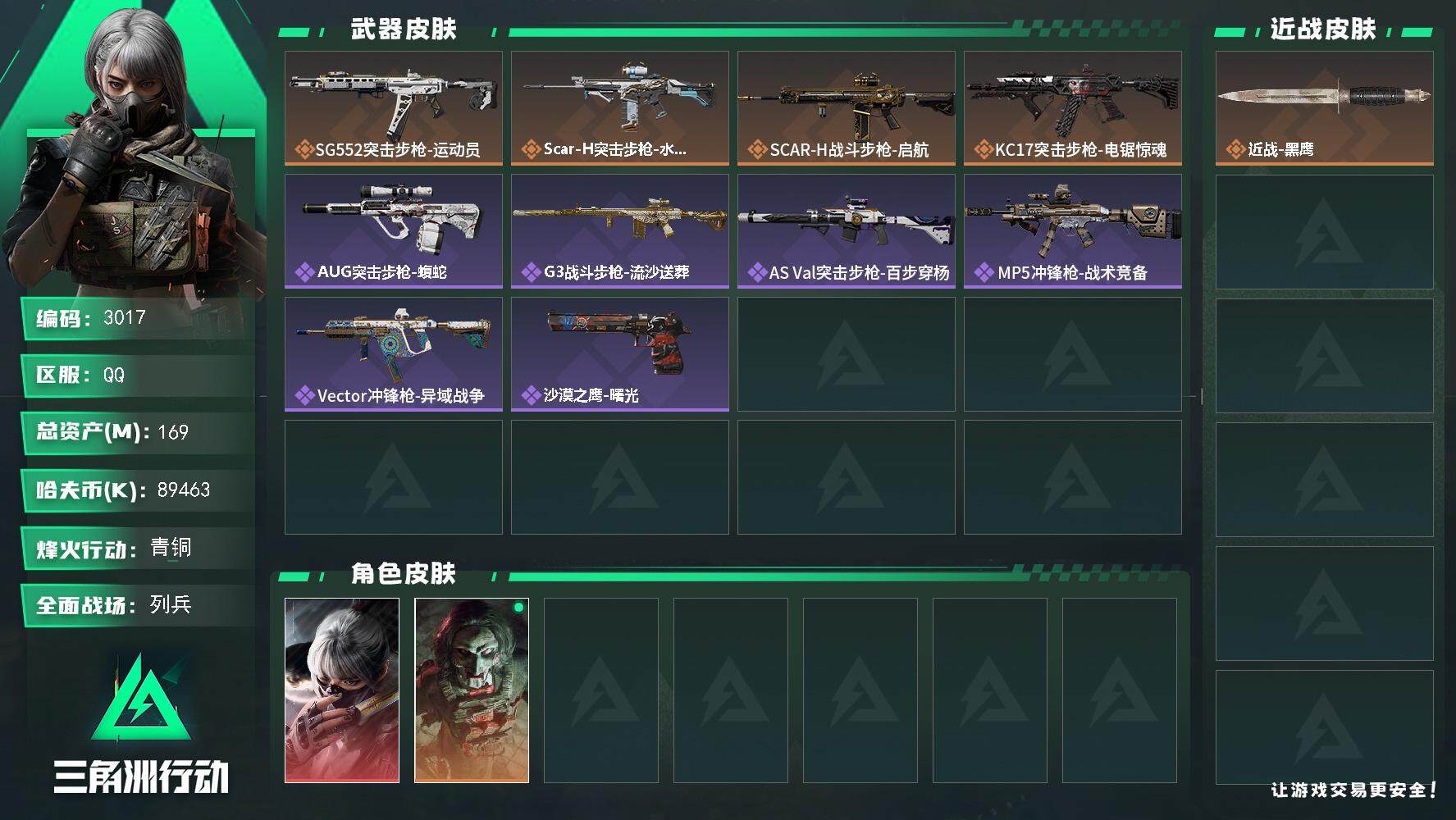 三角洲行动账号QQ总资产(M)：169M/哈夫币(K)：89463K/哈夫币(K)：89463K/全面战场等级：15_