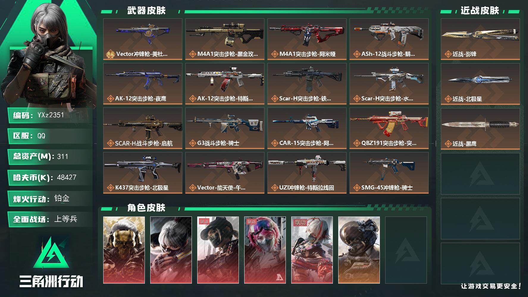 三角洲行动账号QQ【高氪金土豪号-五红皮+二刀皮+一典藏皮肤+壮志凌云+飞虎】【影锋.北极星.蚀金玫瑰.水墨云图.黑天