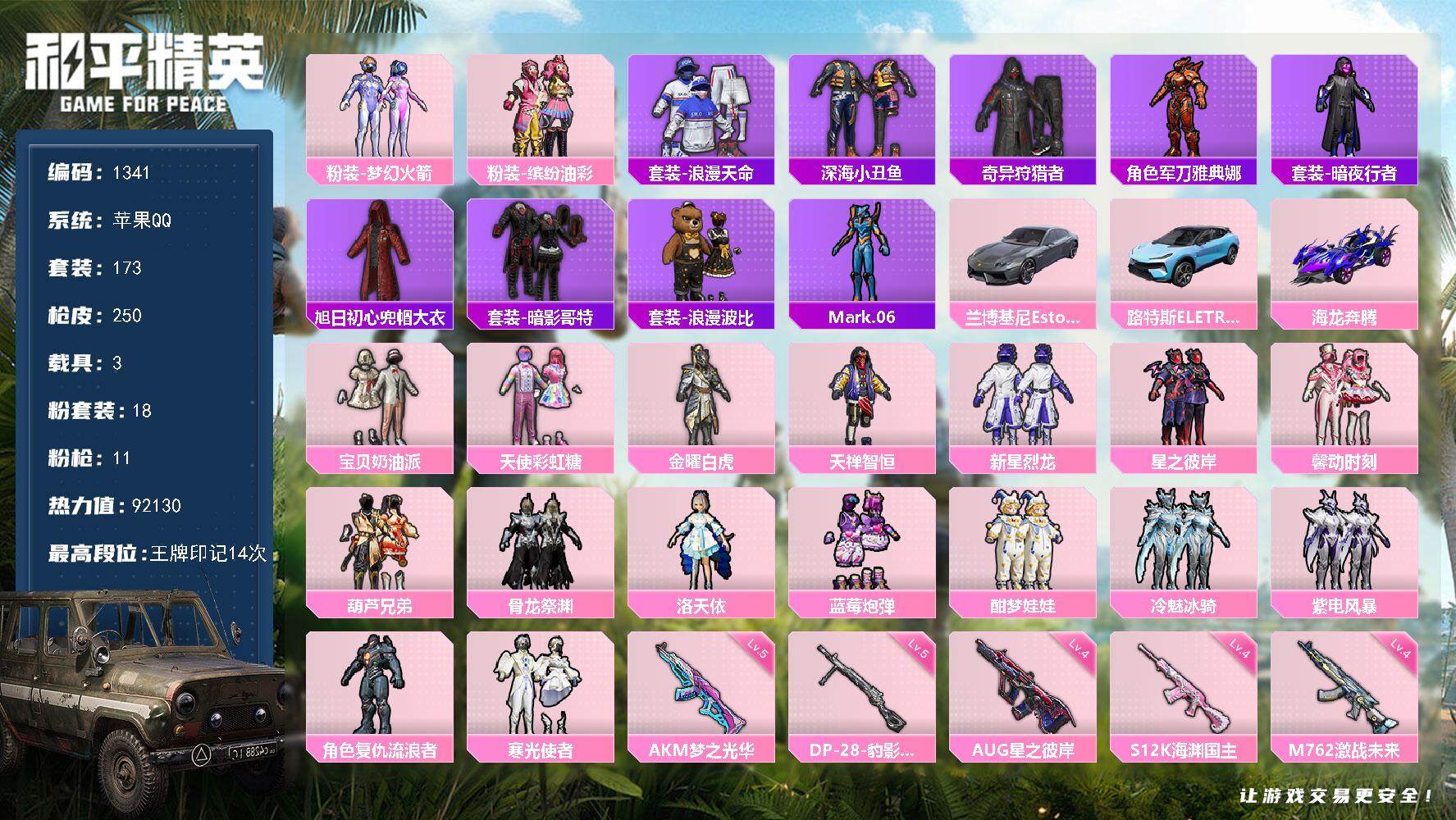 和平精英账号苹果QQ3载具-173套装-250枪皮-173套装/枪械11/装备316/载具3/战备159/王牌印记14/