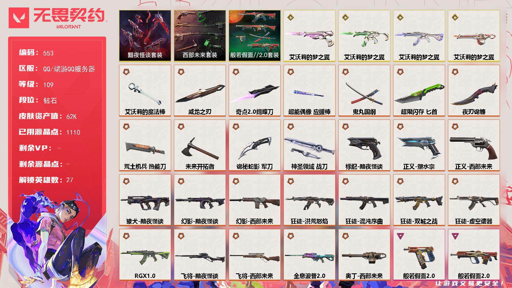 无畏契约账号QQ[14363998]【套装】：艾沃莉的梦之翼套装，西部未来套装，黯夜怪谈套装，般若假面//2.0套装
【英雄】：幻棱，炼狱，维斯，暮蝶，钛狐，壹决，铁臂，捷风，雷兹，幽影，不死鸟，贤者，猎枭，蝰蛇，零