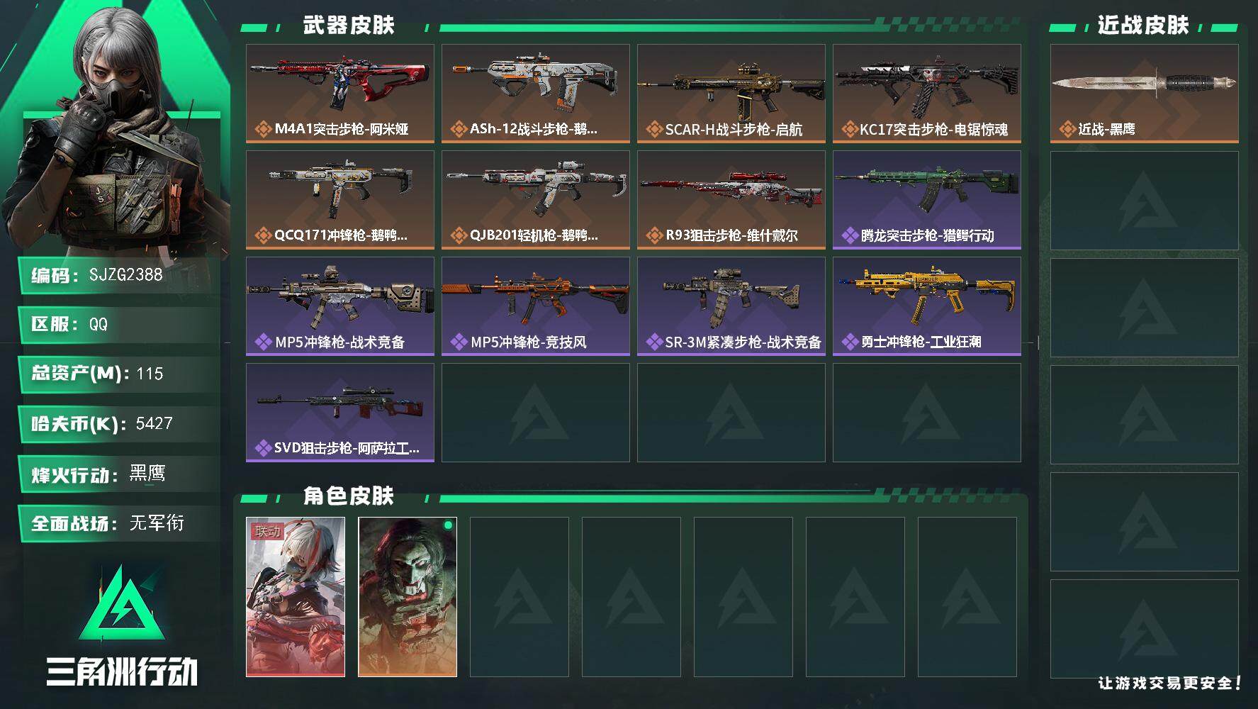 三角洲行动账号QQ【SJZG2388】总资产(M)：115M/哈夫币(K)：5427K/哈夫币(K)：5427K/全面