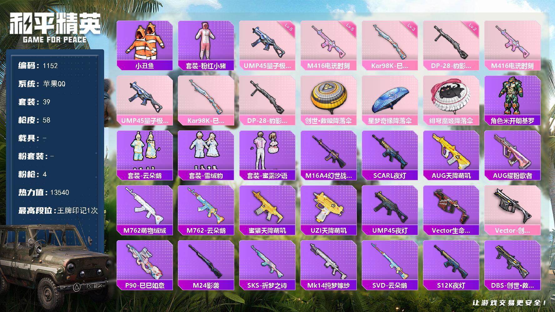 和平精英账号苹果QQ0载具-39套装-58枪皮-XY  精品号，可改实名苹果 手Q-0粉装-4特效枪13540热力值-1