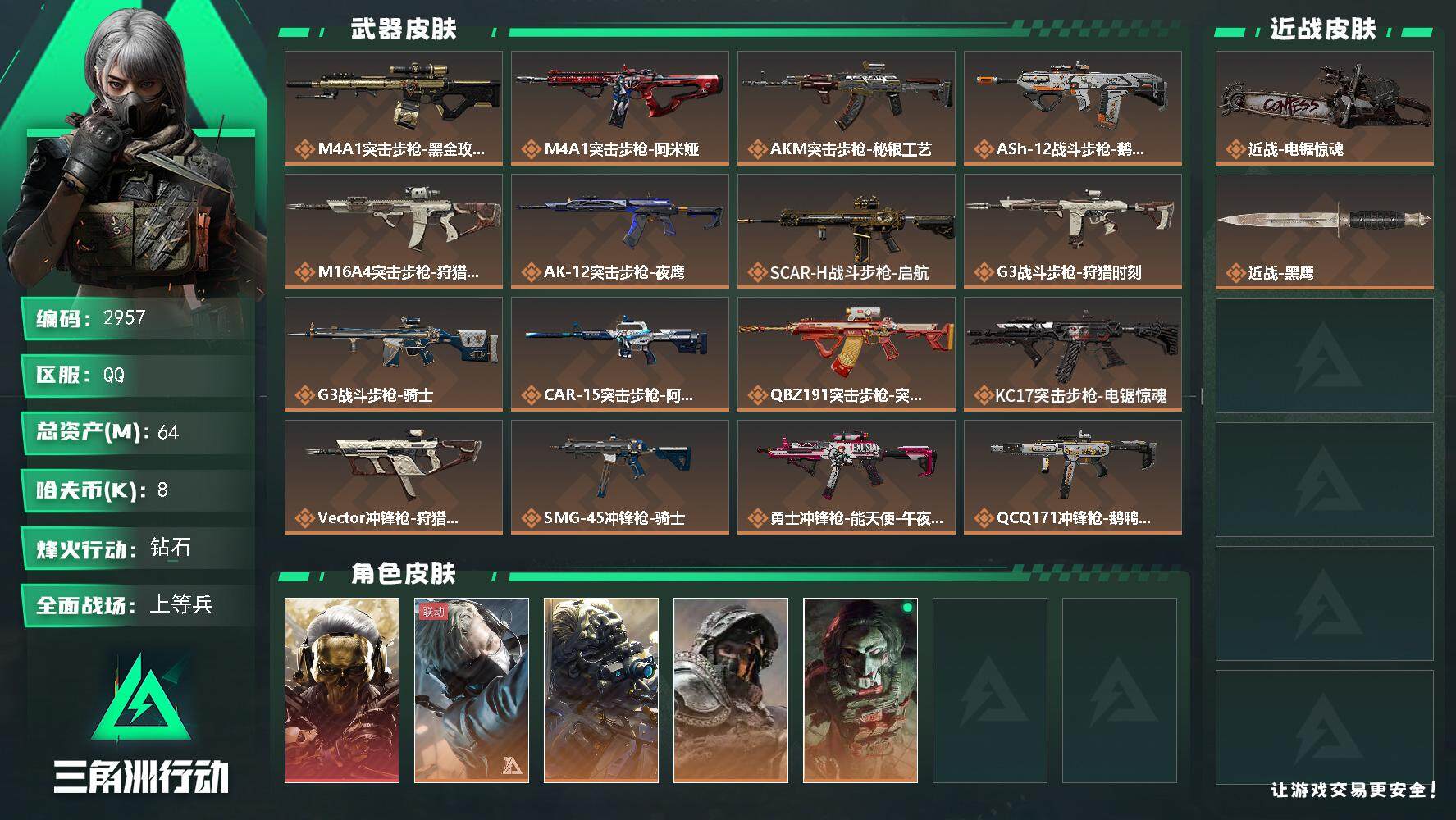 三角洲行动账号QQ总资产(M)：64M/哈夫币(K)：8K/哈夫币(K)：8K/全面战场等级：32_段位：上等兵/烽火