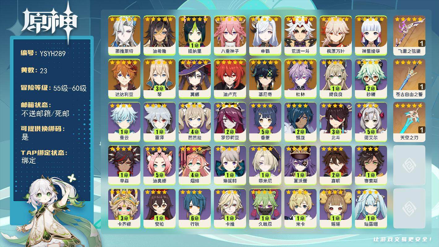 原神账号官服 天空岛【YSYH289】57级/23黄/男主/16个五星角色/3个五星武器/0命杜林/0命基尼奇/0命那维莱特/0命迪希雅/1命提纳里/0命八重神子/0命申鹤/0命荒泷一斗/0命神里绫华/0命枫原万叶/0