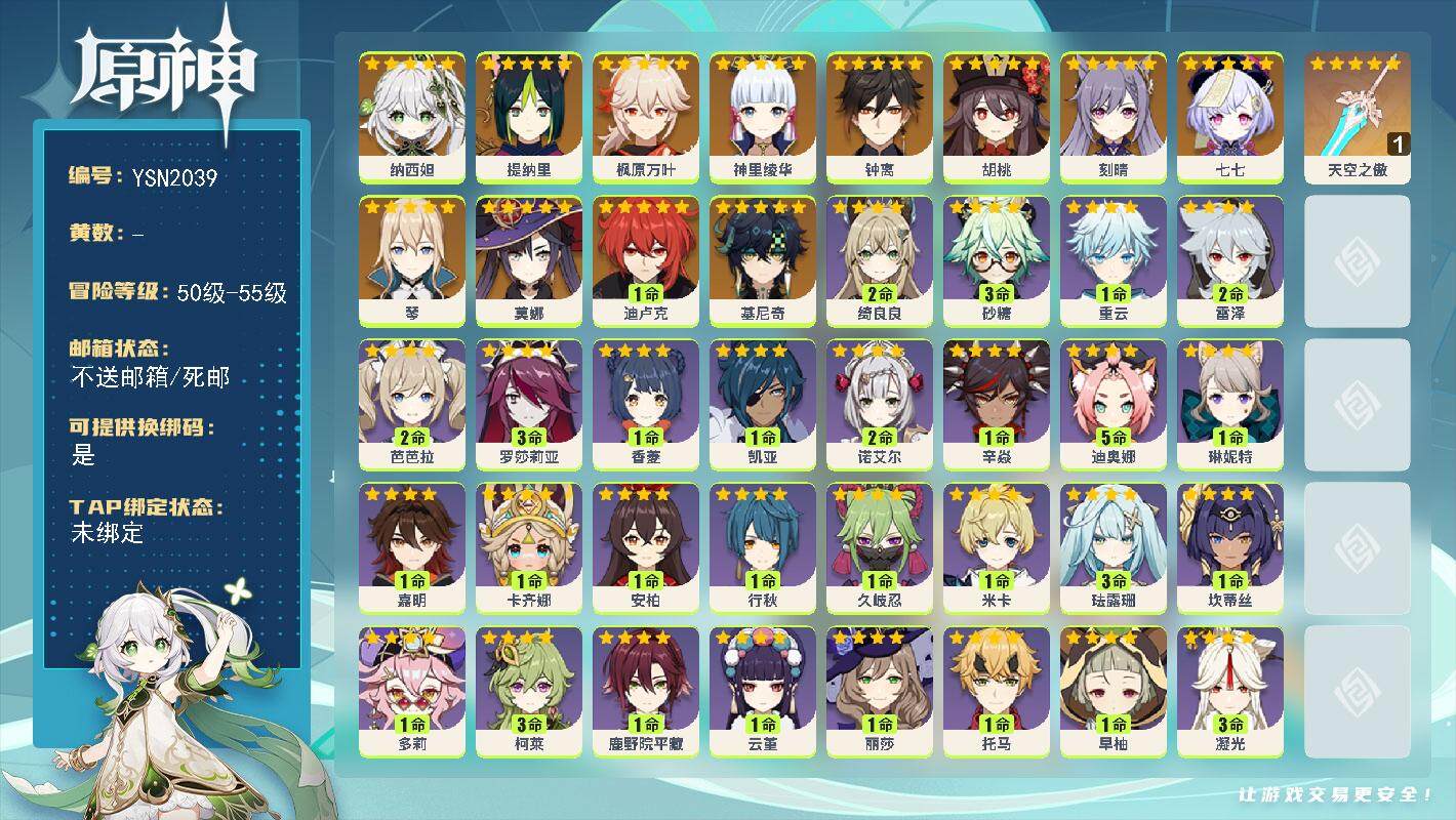 原神账号官服 天空岛【YSN2039】54级/女主/13个五星角色/0命基尼奇/0命纳西妲/0命提纳里/0命神里绫华/0命枫原万叶/0命胡桃/0命钟离/0命琴/0命刻晴/1命迪卢克/0命莫娜/0命七七/精1天空之傲/0