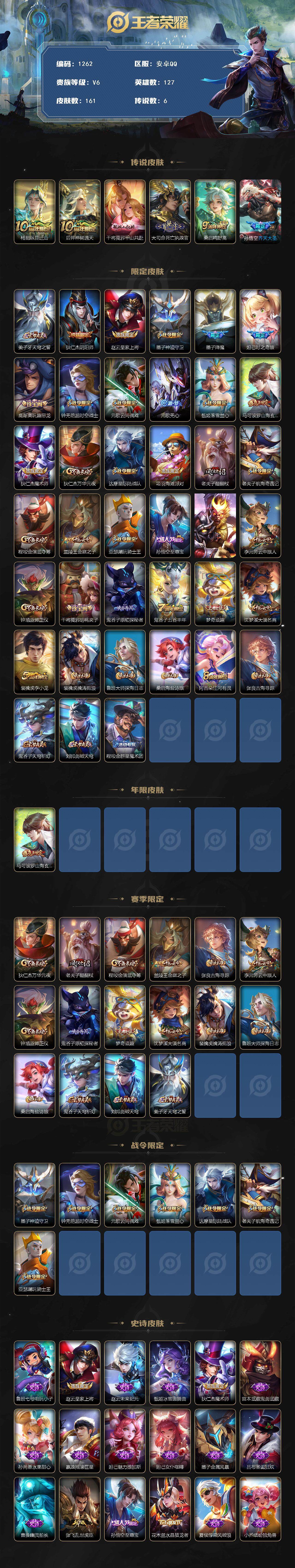 王者荣耀账号安卓QQ127英雄-161皮肤-贵族6/皮肤161/传说6/史诗46/英雄127/鬼谷子全皮/纵目迁山 杨戬