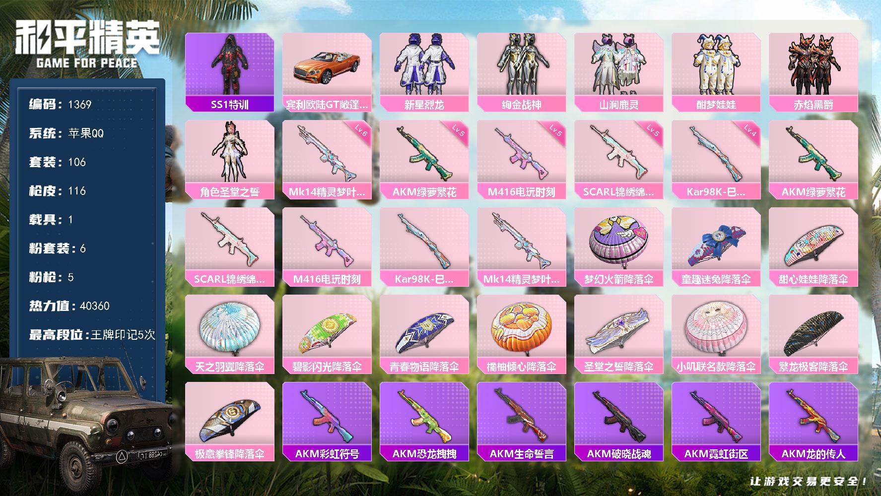 和平精英账号苹果QQ1载具-106套装-116枪皮-106套装/枪械5/装备130/载具1/战备95/王牌印记5/热力值