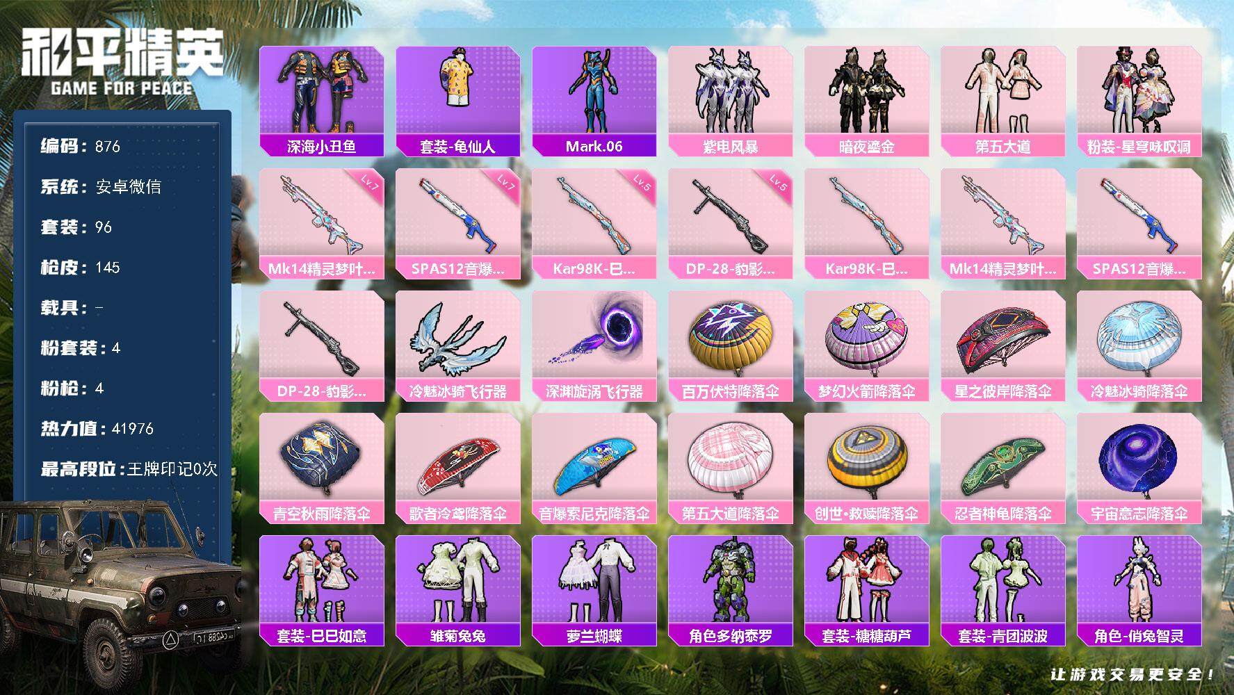 和平精英账号安卓微信0载具-96套装-145枪皮-96套装/枪械4/装备192/战备96/热力值41976/五级Kar9