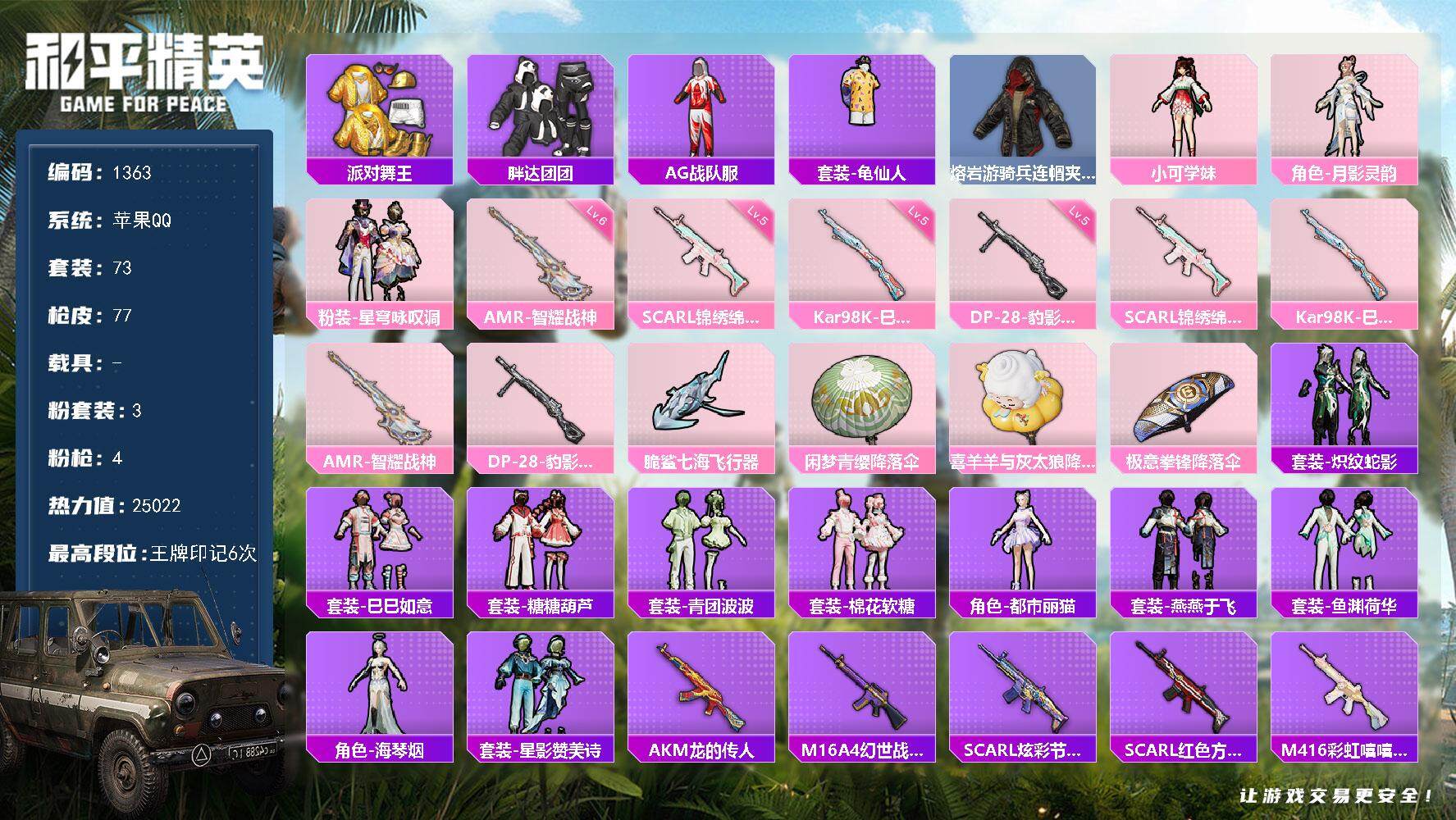 和平精英账号苹果QQ0载具-73套装-77枪皮-73套装/枪械4/装备92/战备63/王牌印记6/热力值25022/五级