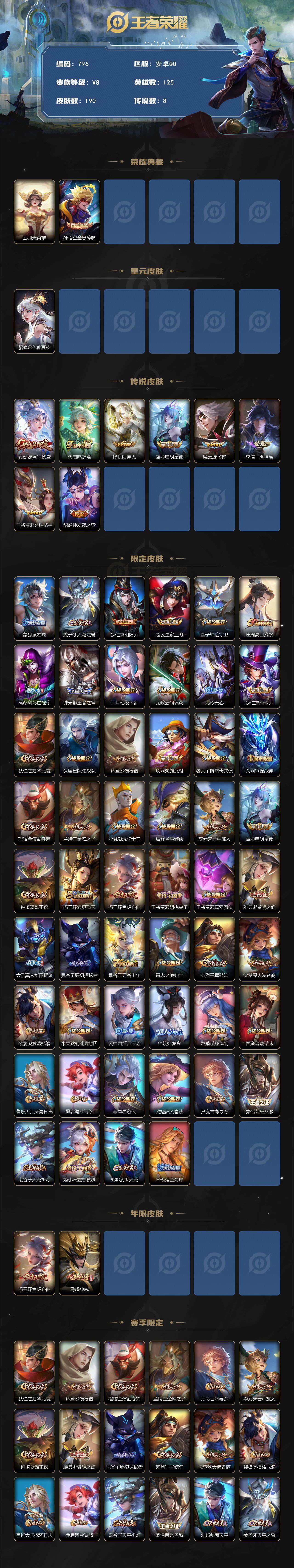 王者荣耀账号安卓QQV8-125英雄-190皮肤-1典藏皮肤-1典藏英雄-8传说-59史诗，积分夺宝286抽 cc8405
【荣耀典藏】：武则天英雄，孙悟空全息碎影
【传说皮肤】：女娲愿照千秋盛，桑启鸣野蒿，镜炽阳神光