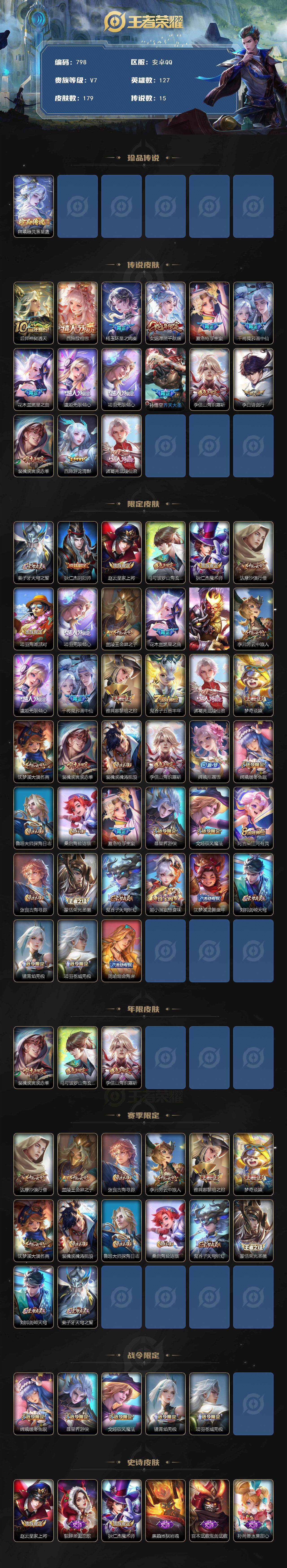 王者荣耀账号安卓QQV7-最强王者段位-127英雄-179皮肤-1珍品传说-15传说-52史诗，星币4500+，背包还有一颗水晶，cc8408
【英雄全皮】：空空儿全皮，影全皮
【珍品传说】：嫦娥器灵落星盏
【传说皮肤