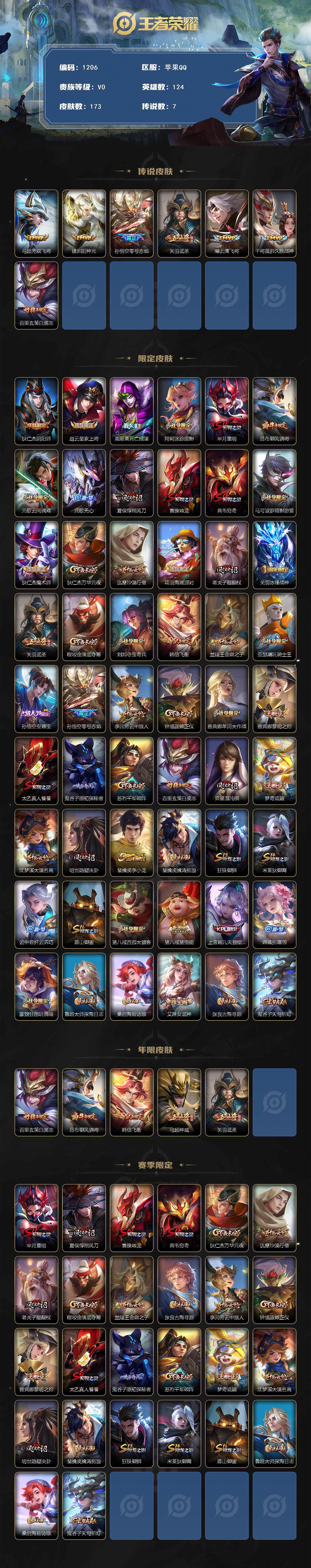 王者荣耀账号苹果QQ苹果Q-V0-至尊星耀V段位-124英雄-173皮肤-7传说-37史诗
【传说皮肤】：马超无双飞将，