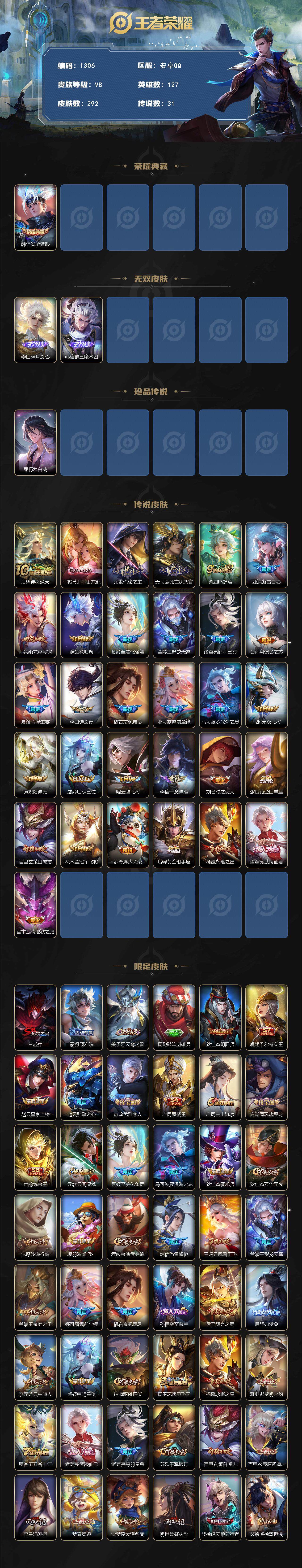 王者荣耀账号安卓QQ127英雄-292皮肤-贵族8/皮肤292/典藏1/传说31/史诗84/英雄127/橘右京全皮/大司