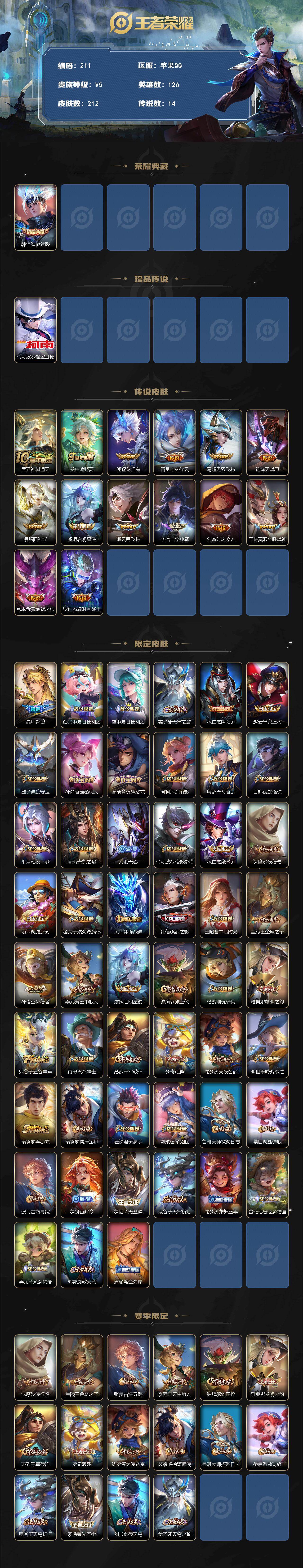 王者荣耀账号苹果QQ126英雄-212皮肤-苹果Q-V5-最强王者段位-126英雄-212皮肤-1典藏皮肤-1珍品传说-