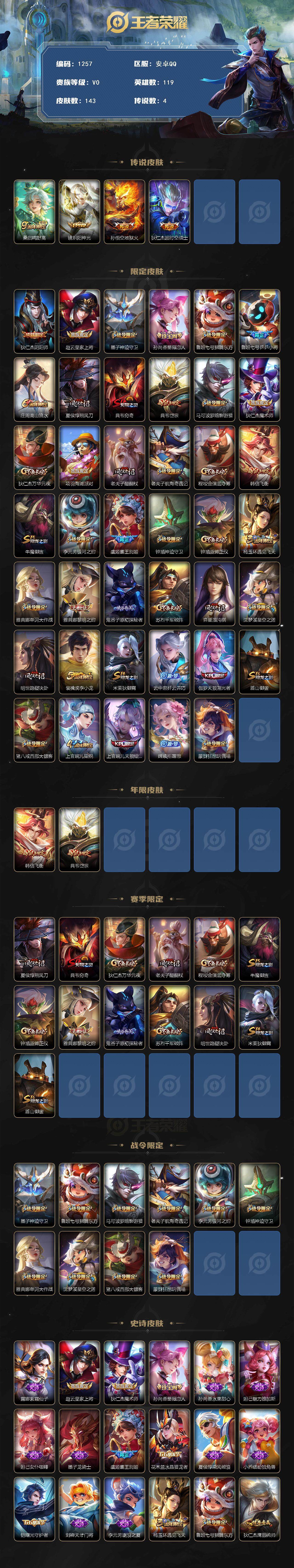 王者荣耀账号安卓QQ119英雄-143皮肤-贵族0/皮肤143/传说4/史诗34/英雄119/鸣野蒿 桑启/炽阳神光 镜