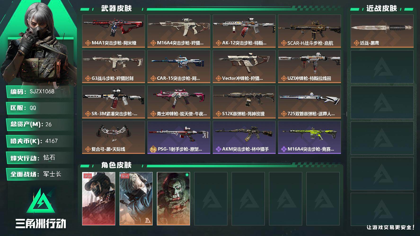 三角洲行动账号QQ【SJZX1068】总资产(M)：26M/哈夫币(K)：4167K/哈夫币(K)：4167K/全面战