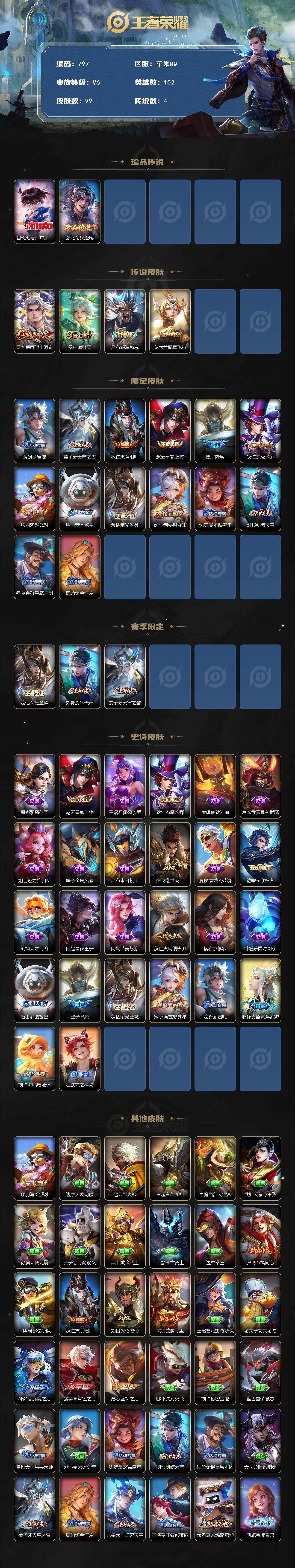 王者荣耀账号苹果QQV6-102英雄-99皮肤-2珍品传说-4传说-26史诗 cc8407
【珍品传说】：鲁班七号江户川柯南，张飞兔狲蓬尾
【传说皮肤】：司空震愿照山河定，桑启鸣野蒿，吕布怒海麟威，花木兰冠军飞将
【限