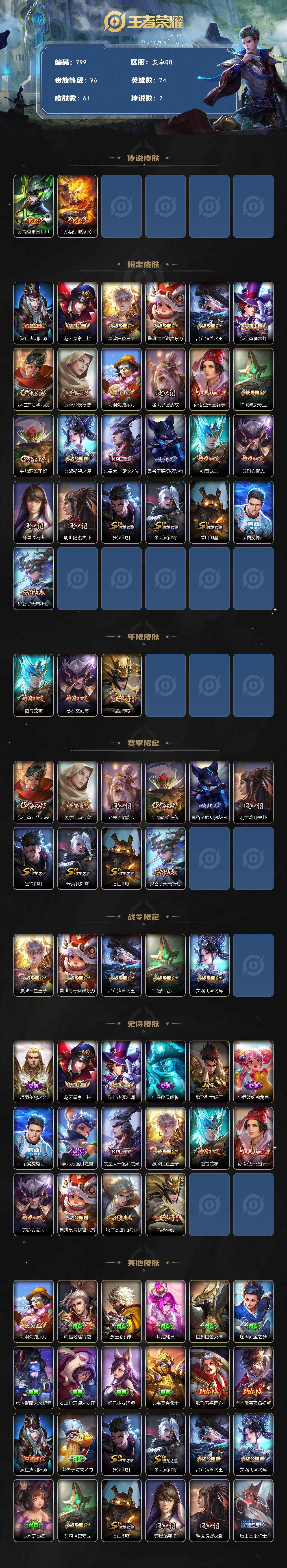 王者荣耀账号安卓QQV6-74英雄-61皮肤-2传说-16史诗 裸梅西号 cc8409 
【传说皮肤】：孙尚香末日机甲，孙悟空地狱火
【限定皮肤】：狄仁杰阴阳师，赵云皇家上将，嬴政白昼王子，鲁班七号狮舞东方，吕布猎兽之