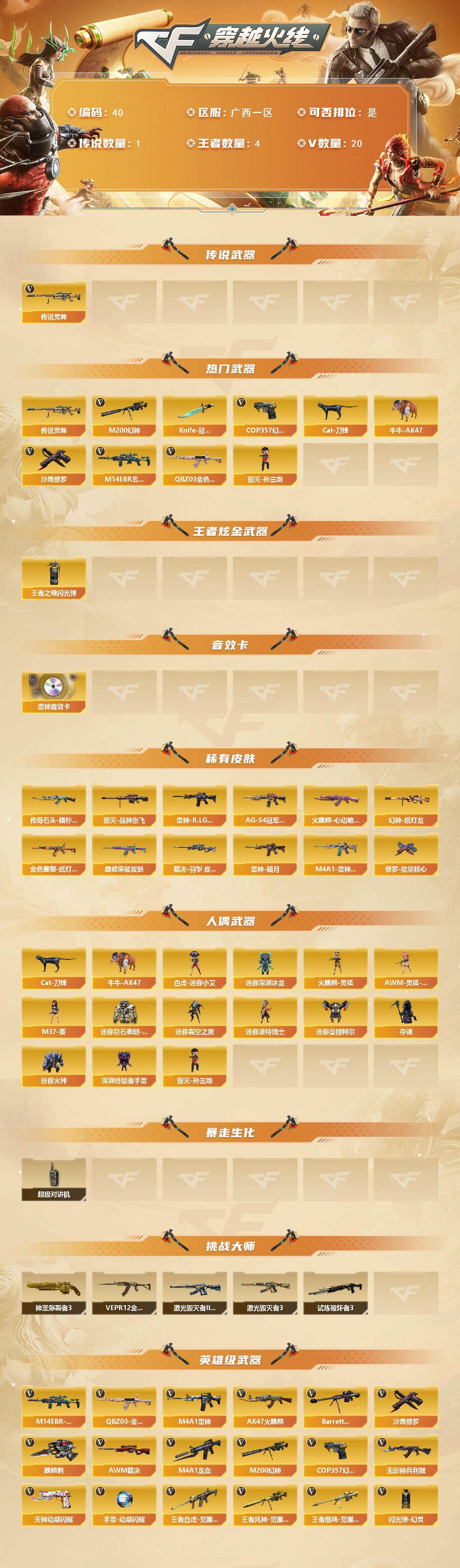穿越火线账号南部战区广西一区广西一区-20V-4王者-0炫金
【传说武器】：传说灵眸
【热门武器】：传说灵眸，QBZ03-金色蔷