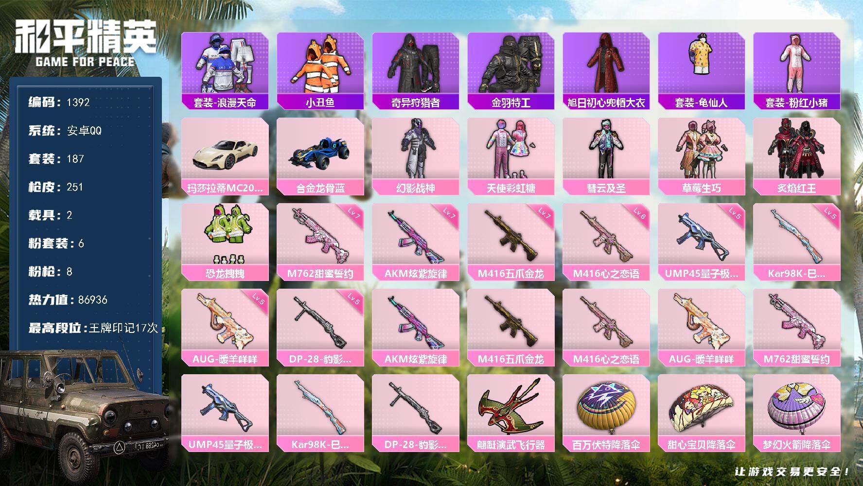和平精英账号安卓QQ2载具-187套装-251枪皮-187套装/枪械8/装备330/载具2/战备167/王牌印记17/热