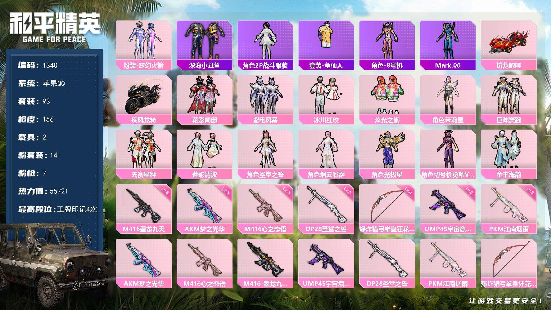 和平精英账号苹果QQ2载具-93套装-156枪皮-93套装/枪械7/装备249/载具2/战备116/王牌印记4/热力值5