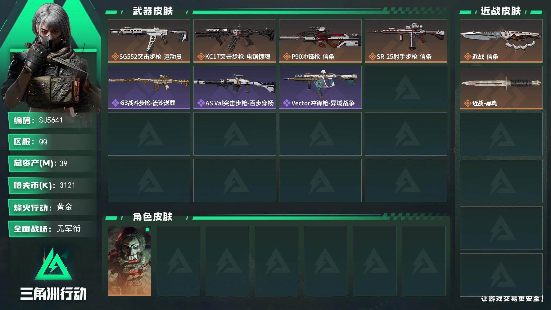 三角洲行动账号QQ【SJ5641】总资产(M)：39M/哈夫币(K)：3121K/哈夫币(K)：3121K/全面战场等级：1_段位：无段位/烽火地带等级：34_段位：黄金/红狼-电锯惊魂/近战-信条/近战-黑鹰/SG