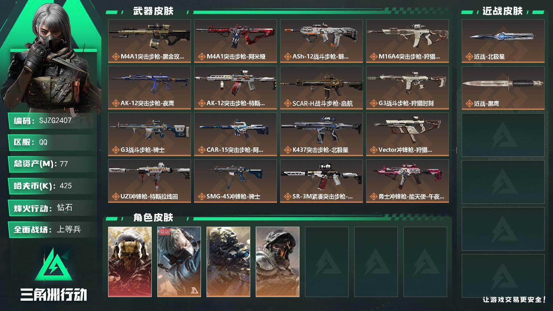 三角洲行动账号QQ【SJZG2407】总资产(M)：77M/哈夫币(K)：425K/哈夫币(K)：425K/全面战场等级：50_段位：上等兵/烽火地带等级：60_段位：钻石/红狼-蚀金玫瑰/蜂医-送葬人·无题密令/无