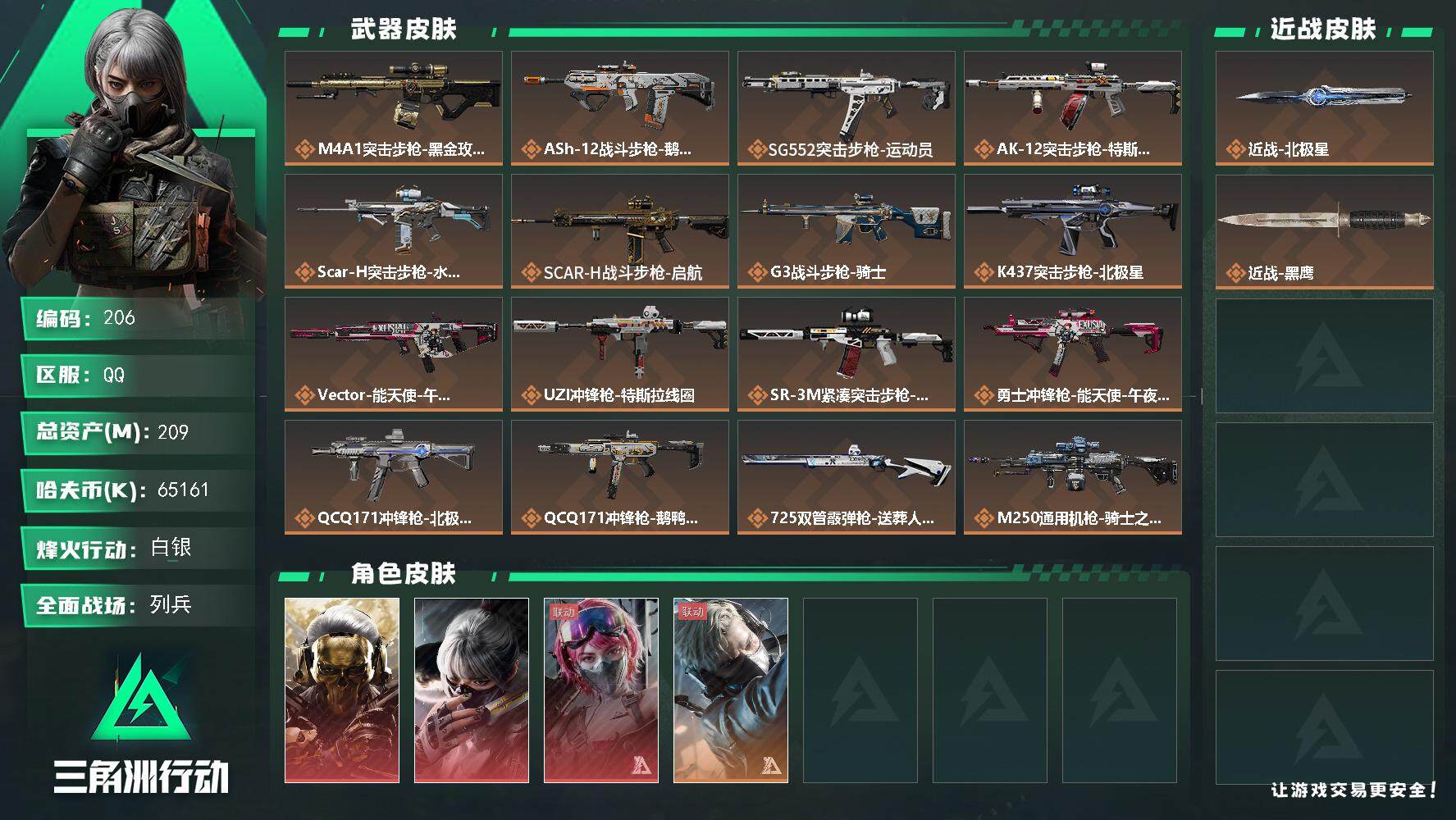 三角洲行动账号QQ65161k哈伏币-182m流动资产-60烽火等级-白银-21战场等级-列兵
【干员外观】：红狼-蚀