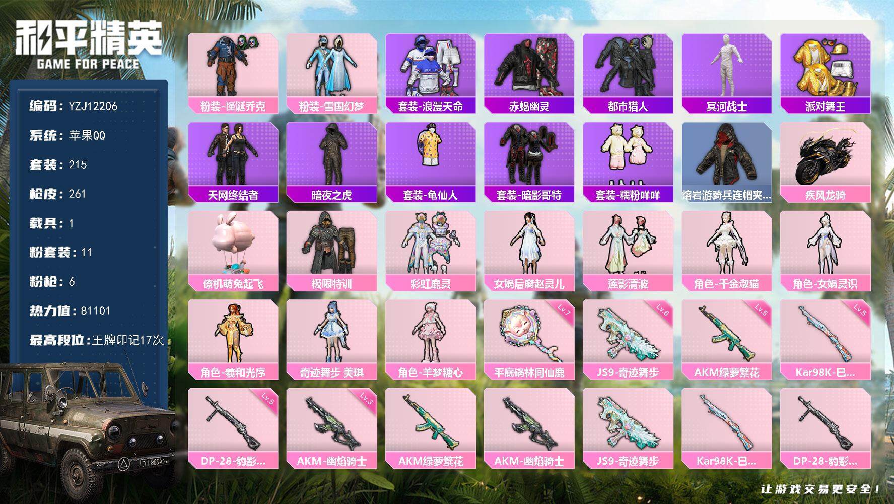 和平精英账号苹果QQ1载具-215套装-261枪皮-YZJ12206 可二次 苹果Q-9稀有2载具11粉装6特效枪19热