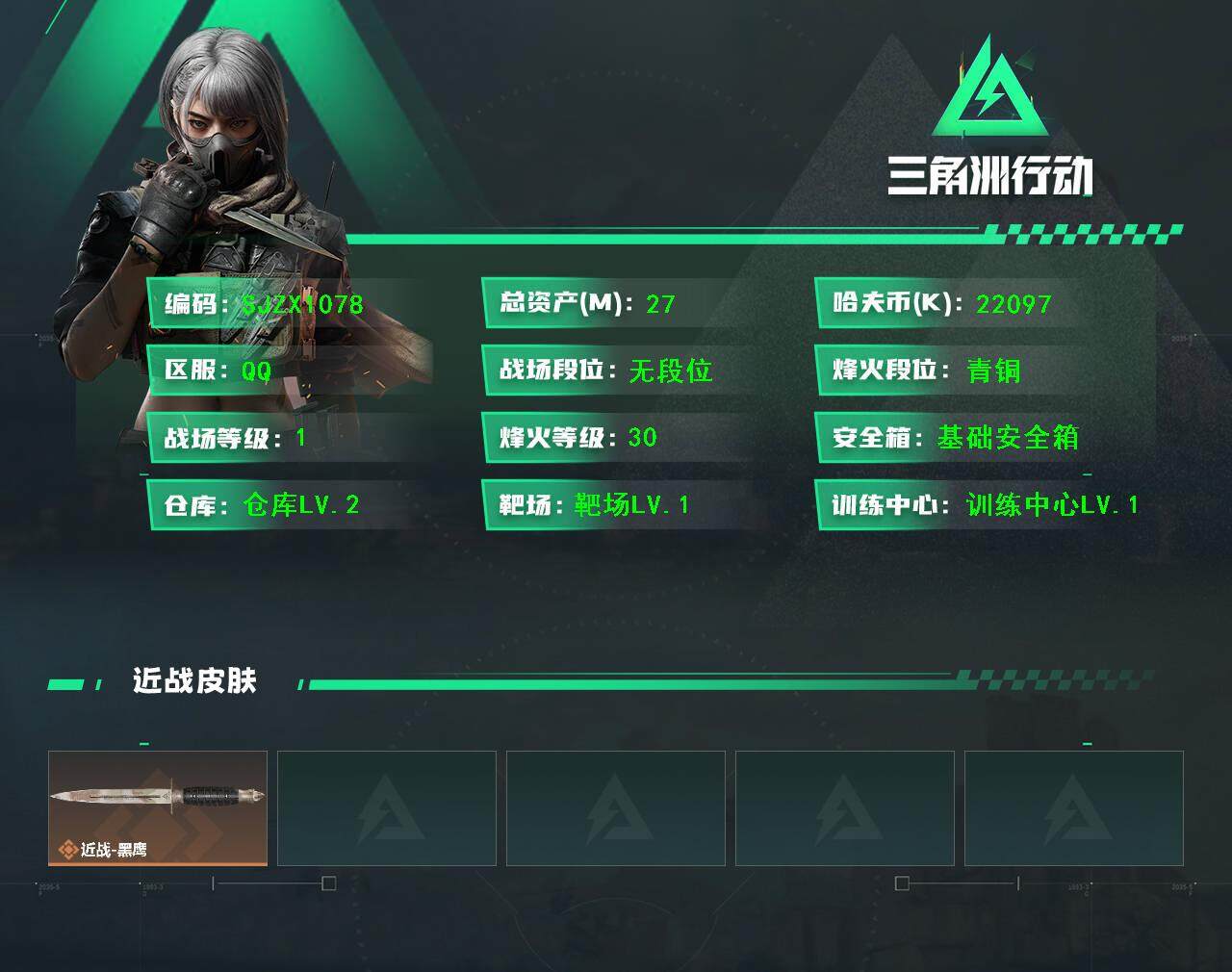三角洲行动账号QQ【SJZX1078】总资产(M)：27M/哈夫币(K)：22097K/哈夫币(K)：22097K/全面战场等级：1_段位：无段位/烽火地带等级：30_段位：青铜/近战-黑鹰/K437突击步枪-生存指